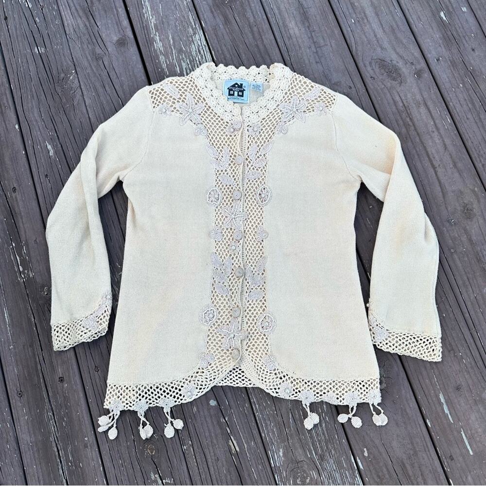 Storybook Knits Vintage Cottagecore Cream Cardigan with Crochet Details Medium